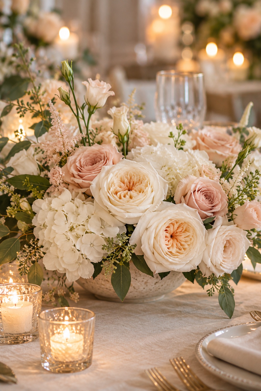 Ivory and blush flowers with warm candlelight on an elegantly set table